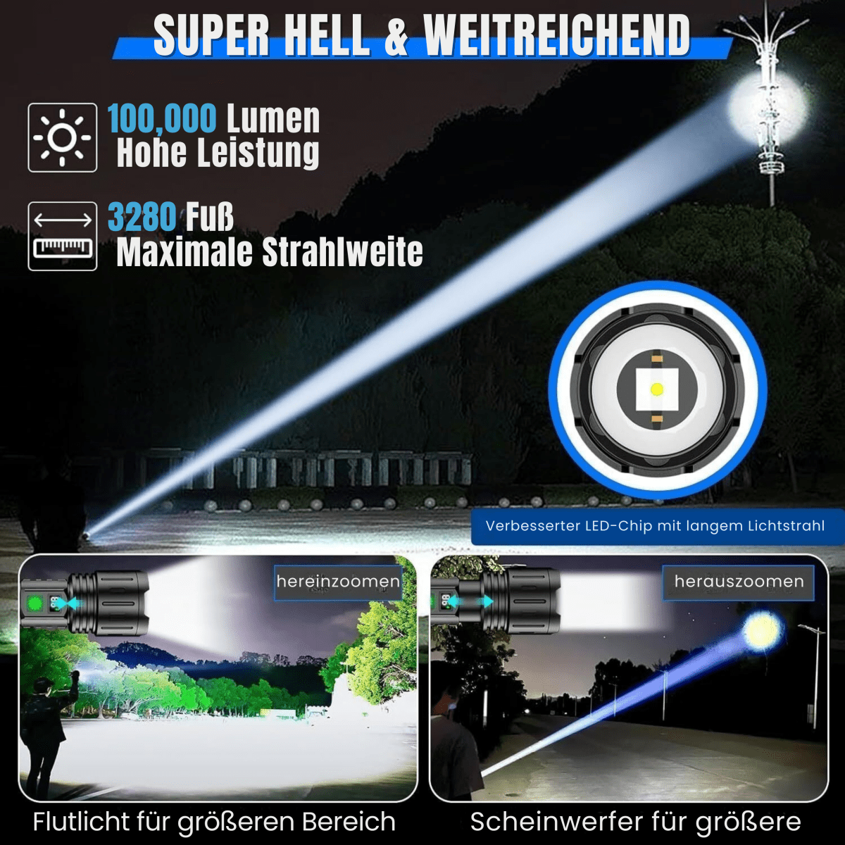 Ekstremt kraftig 100 000 lumen lommelykt for mørke kvelder. Oppladbar og robust for alle utendørs behov.