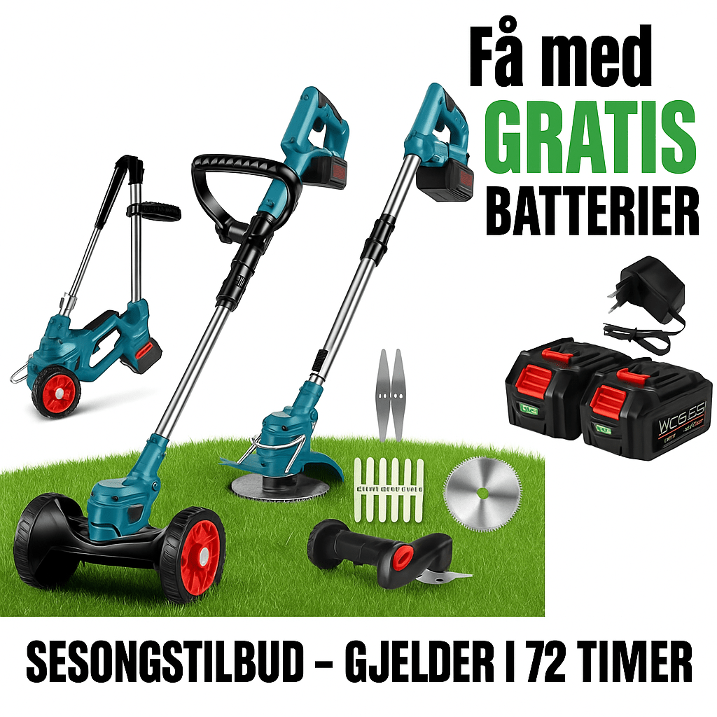 Kraftig trådløs gresstrimmer 36V i bruk, perfekt for effektiv plenpleie og ugressfjerning i hagen.