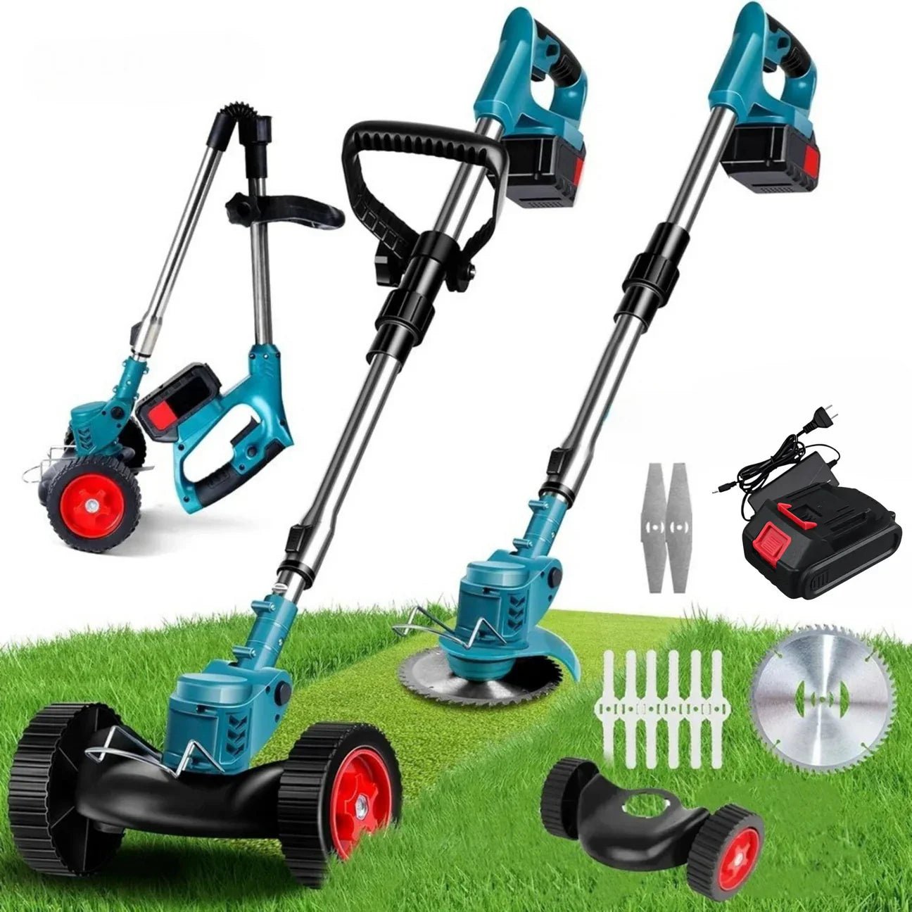 Nærbilde av 36V batteridrevet gresstrimmer, viser kraftig motor og enkel justering for optimal plenpleie.