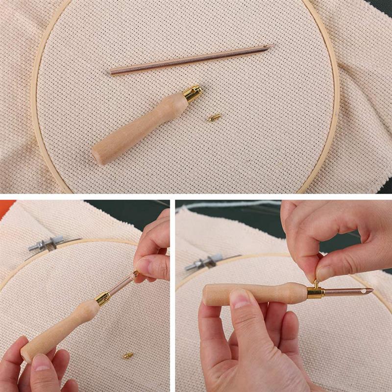 Hånd som bruker punch-needle broderinål til å lage et kreativt mønster på stoff, perfekt for hobby og DIY.