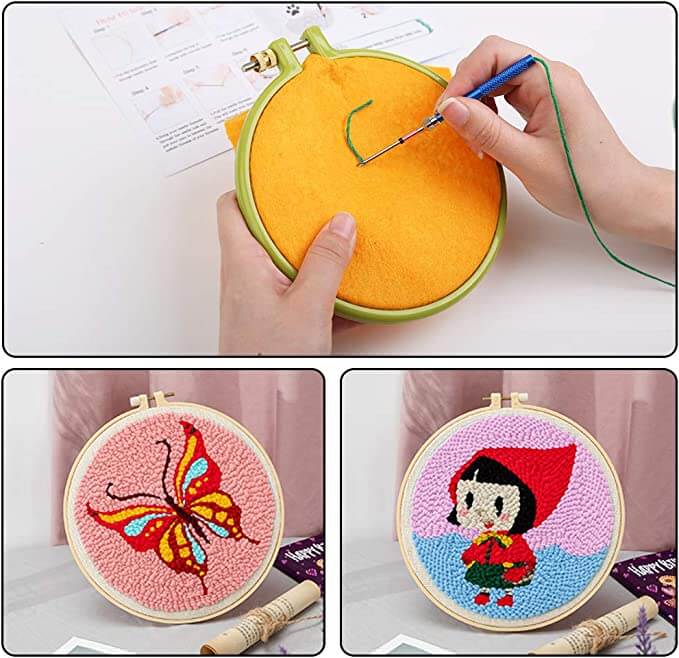 Detaljer av tråder, broderiring og broderinåler som inngår i det komplette punch-needle startsettet.