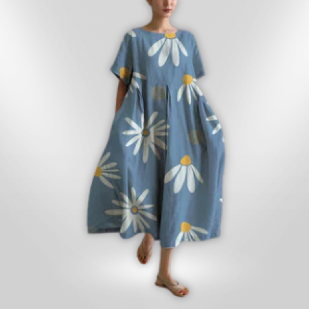 Elegant kvinnekjole med blomsterprint, løs passform maxikjole som sommerkjole og festkjole.