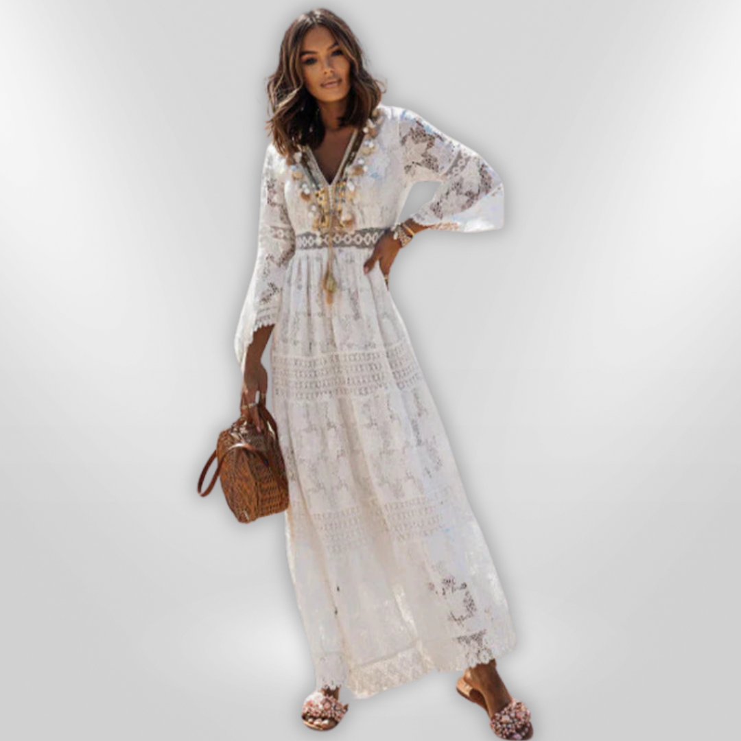 Elegant langermet kvinne boho kjole i polyester, egnet som festkjole. Komfortabel passform for spesielle anledninger.