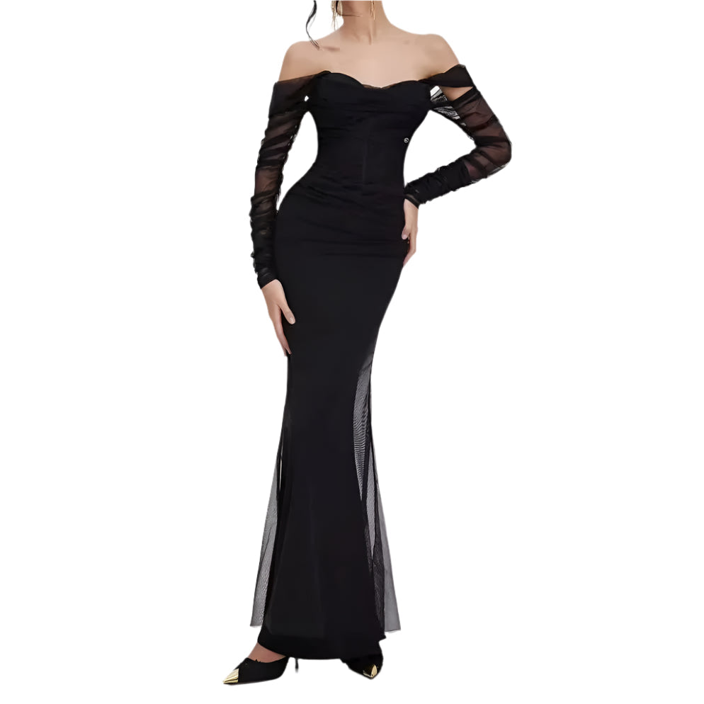 Kvinne havfruekjole off-shoulder med meshdetaljer. Elegant figurnær festkjole, perfekt kveldsantrekk.
