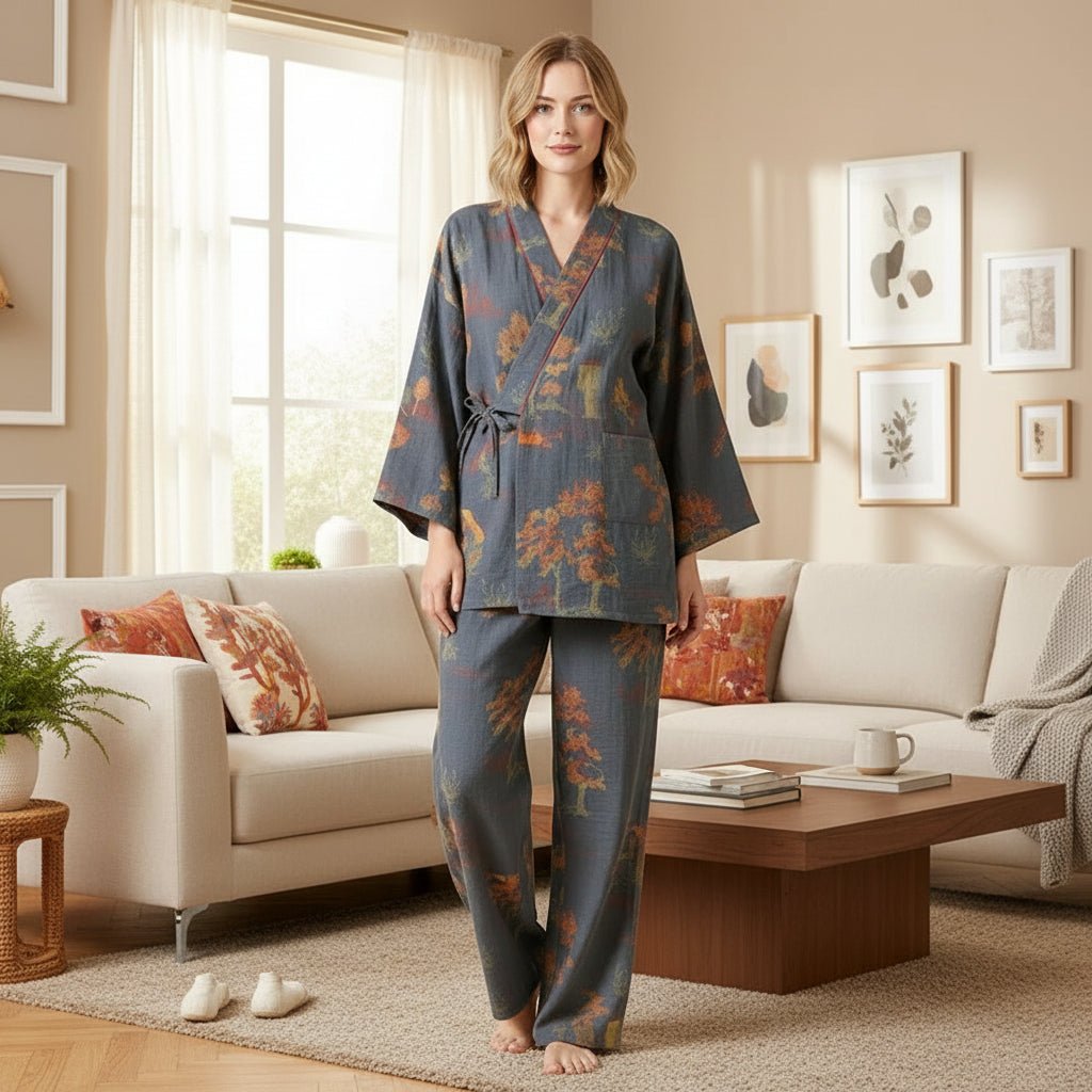 Komfortabelt kvinne kimono pyjamassett i mykt stoff med unikt akvarellmønster. Ideelt nattøy for avslapning.
