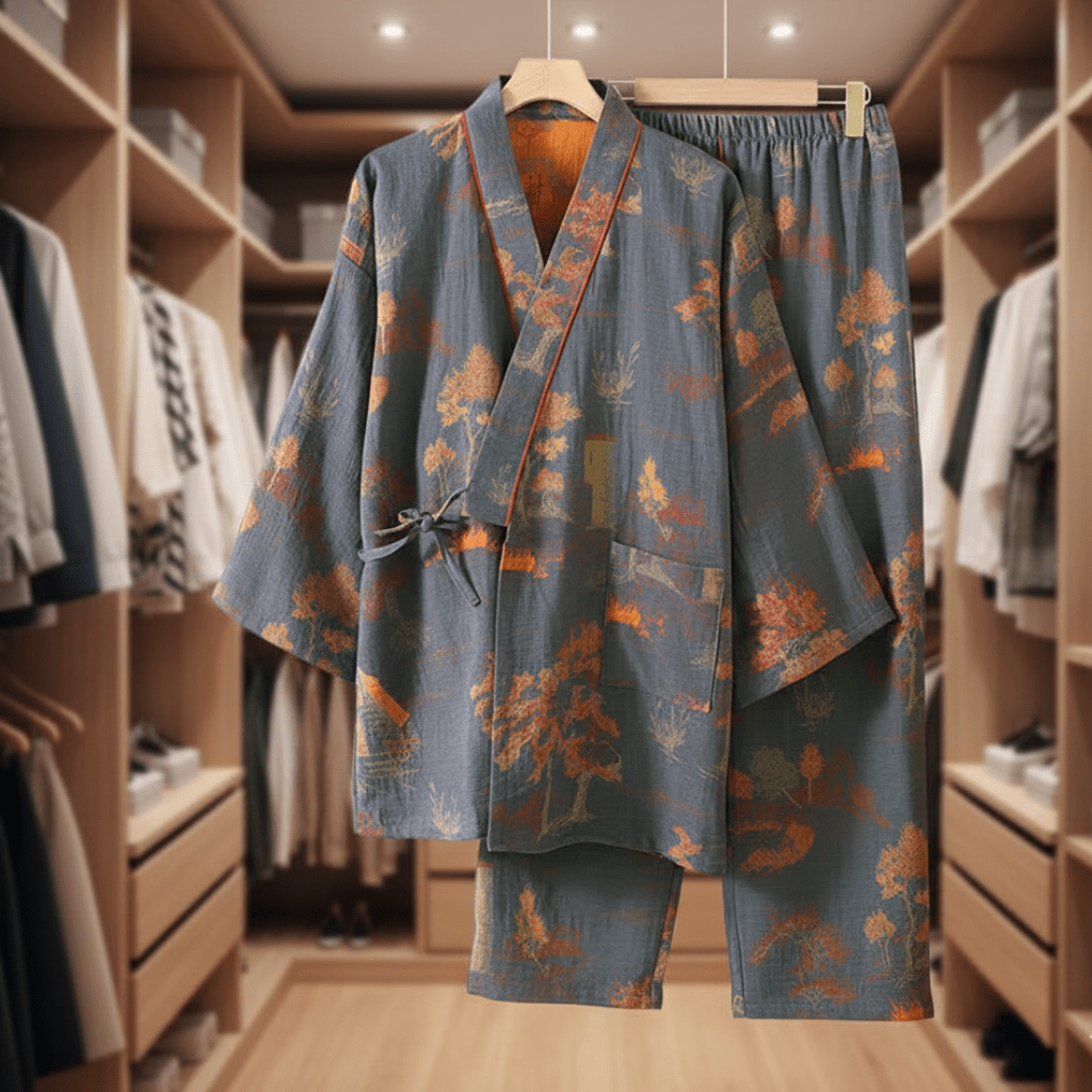 Elegant kimono overdel fra kvinnesett. Vakkert akvarellmønster, behagelig drapering for optimal hjemmekos & komfort.