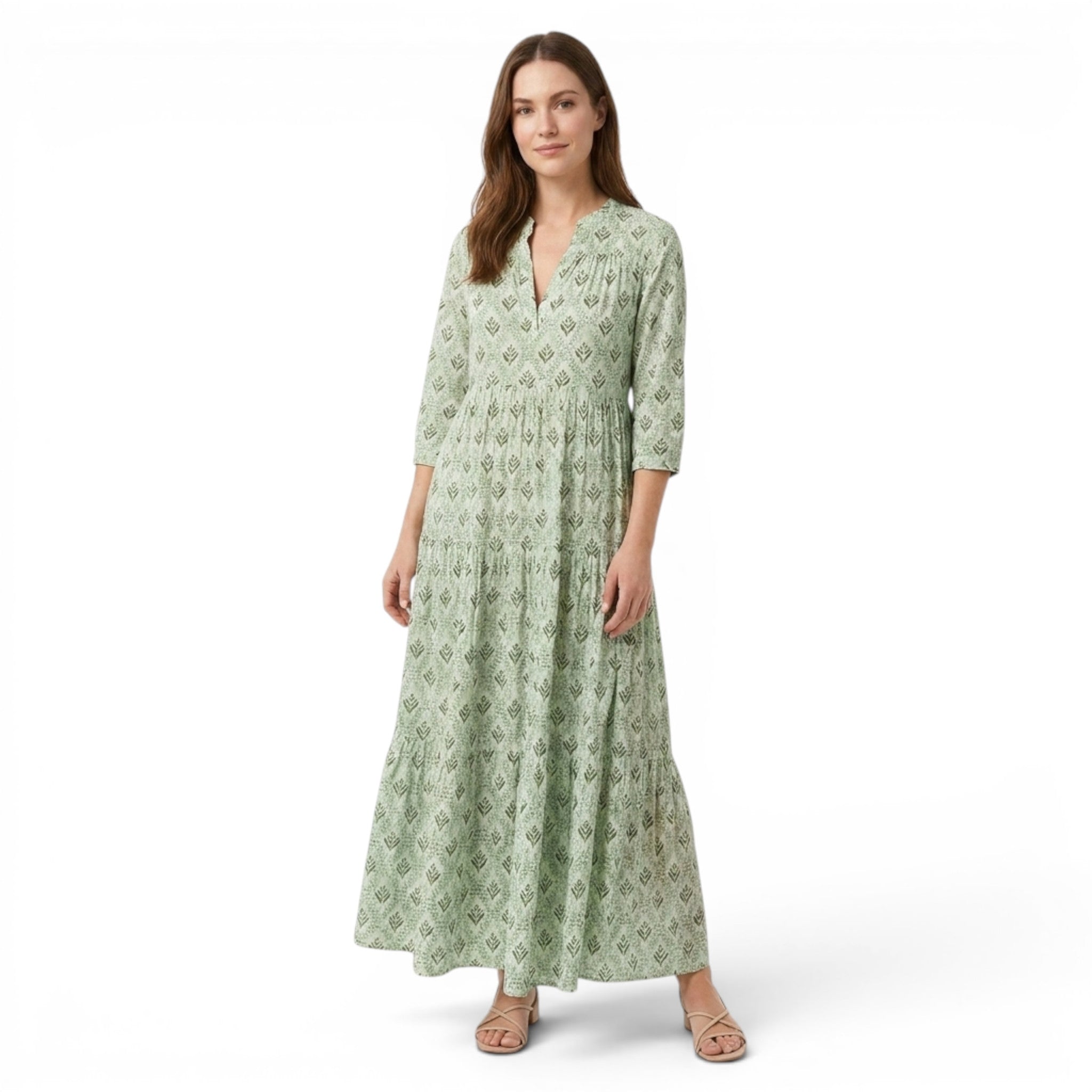 Kvinne maxi kjole med V-hals, løs passform og vintage print. Komfortabel damekjole for sommeren.