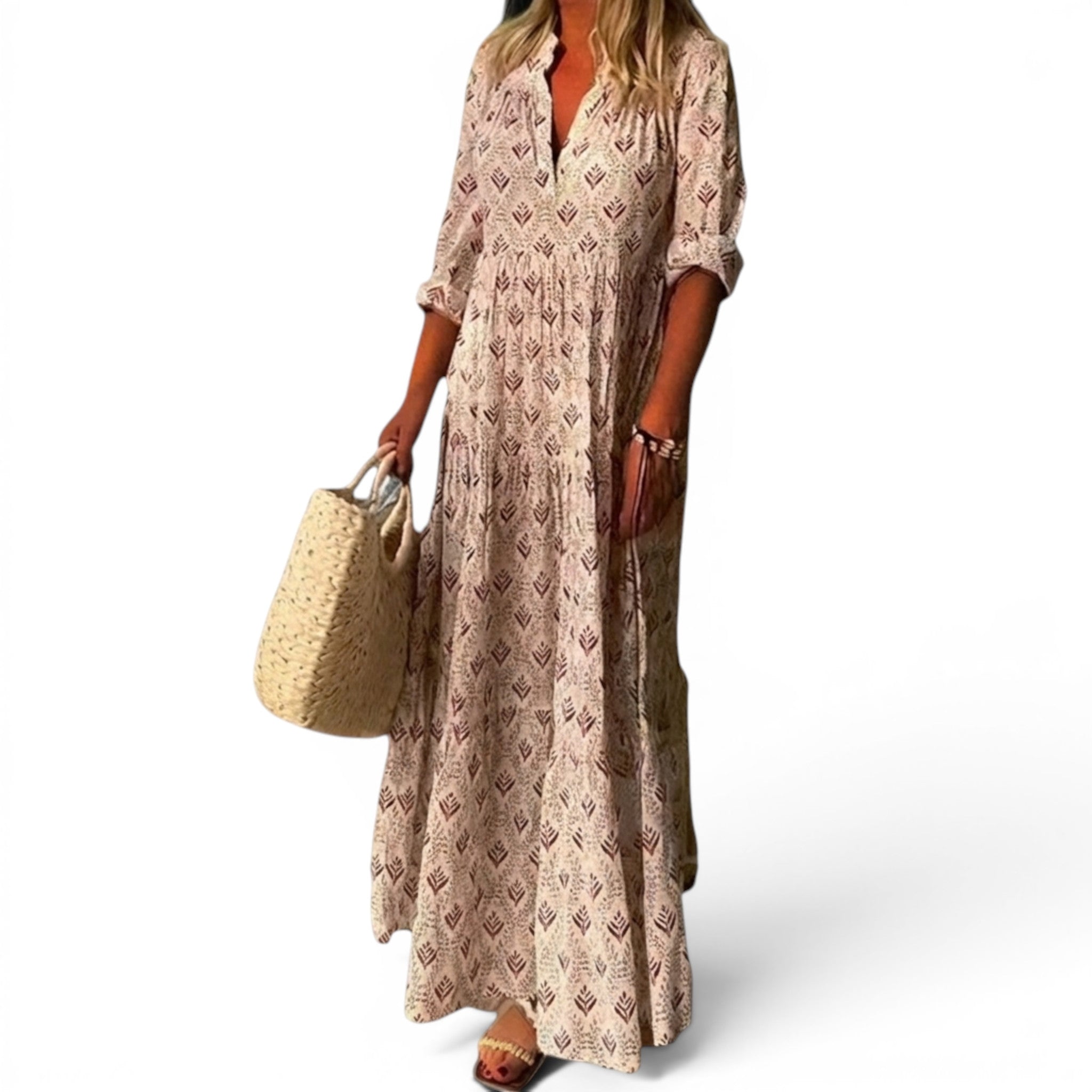 Maxi sommerkjole for dame med vintage blomsterprint og 3/4 ermer. Stilig og luftig strandkjole.