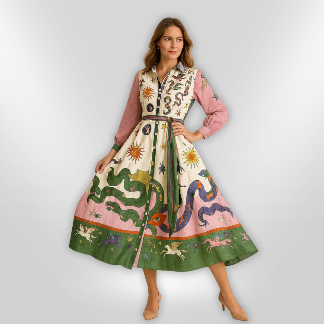Mønstret kvinne maxikjole med belte, lettvekts for vår og sommer, med trendy voluminøse ermer.