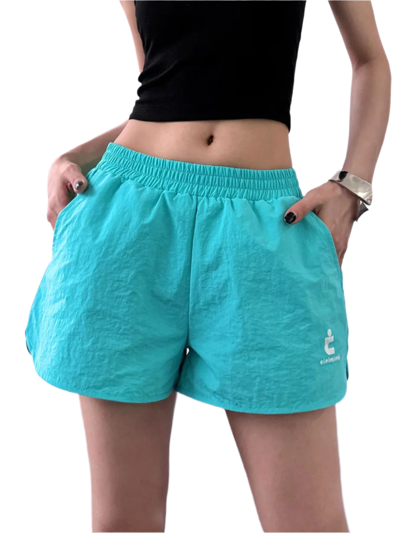 Kvinne shorts i stor størrelse med elastisk midje, gul og blå, perfekt for sommerkomfort.