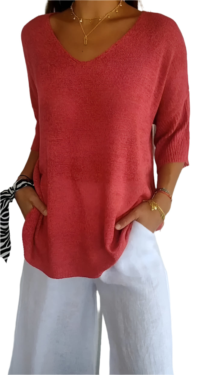 Kvinne strikket topp med V-utringning, perfekt for vår og sommer. Komfortabel hverdagsgenser med elegant stil.