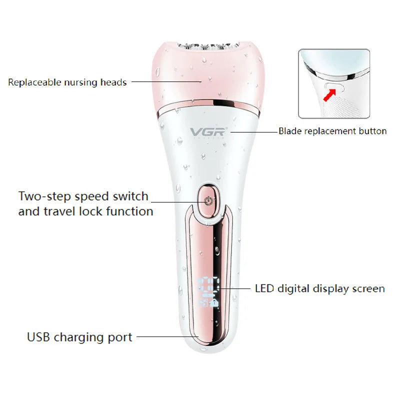 Allsidig 6-i-1 kvinneepilator med flere hoder for ansikt, bikini og kroppshårfjerning. Vanntett design.