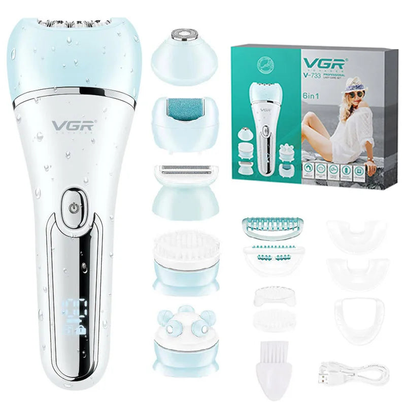 Kompakt kvinneepilator 6-i-1 med ulike tilbehør for presis hårfjerning. Vanntett og brukervennlig.