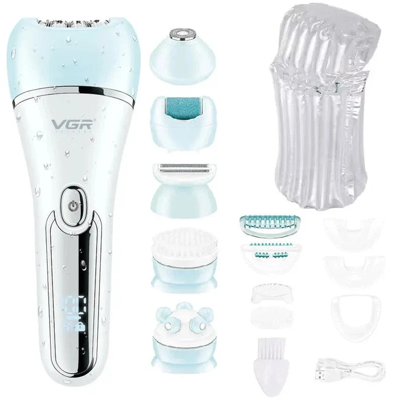 Premium 6-i-1 kvinneepilator. Vanntett for våt/tørr hårfjerning, to hastigheter og praktisk USB-lading.