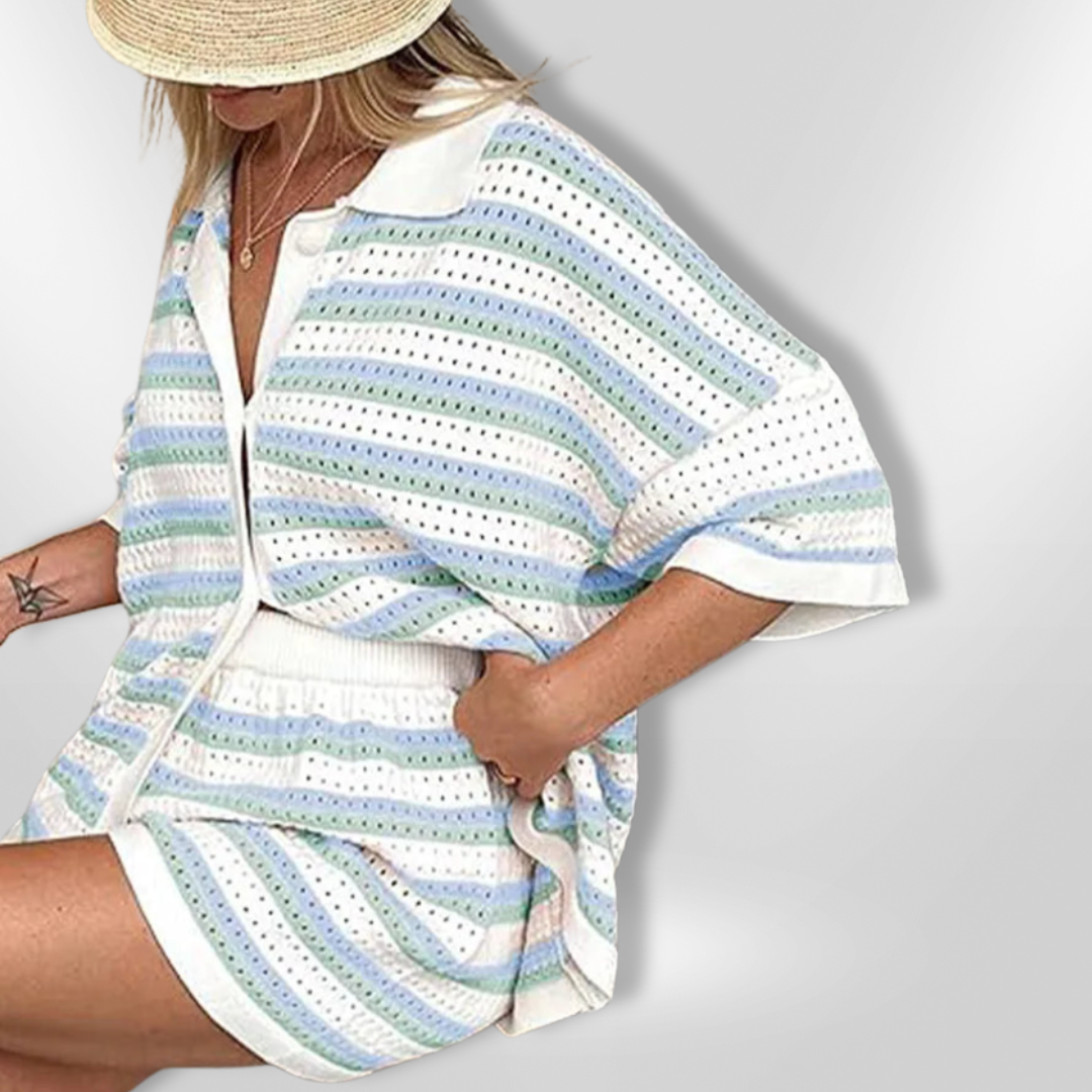Stilig stripete topp og shorts sett for kvinner, trendy sommer mote for avslappede dager.