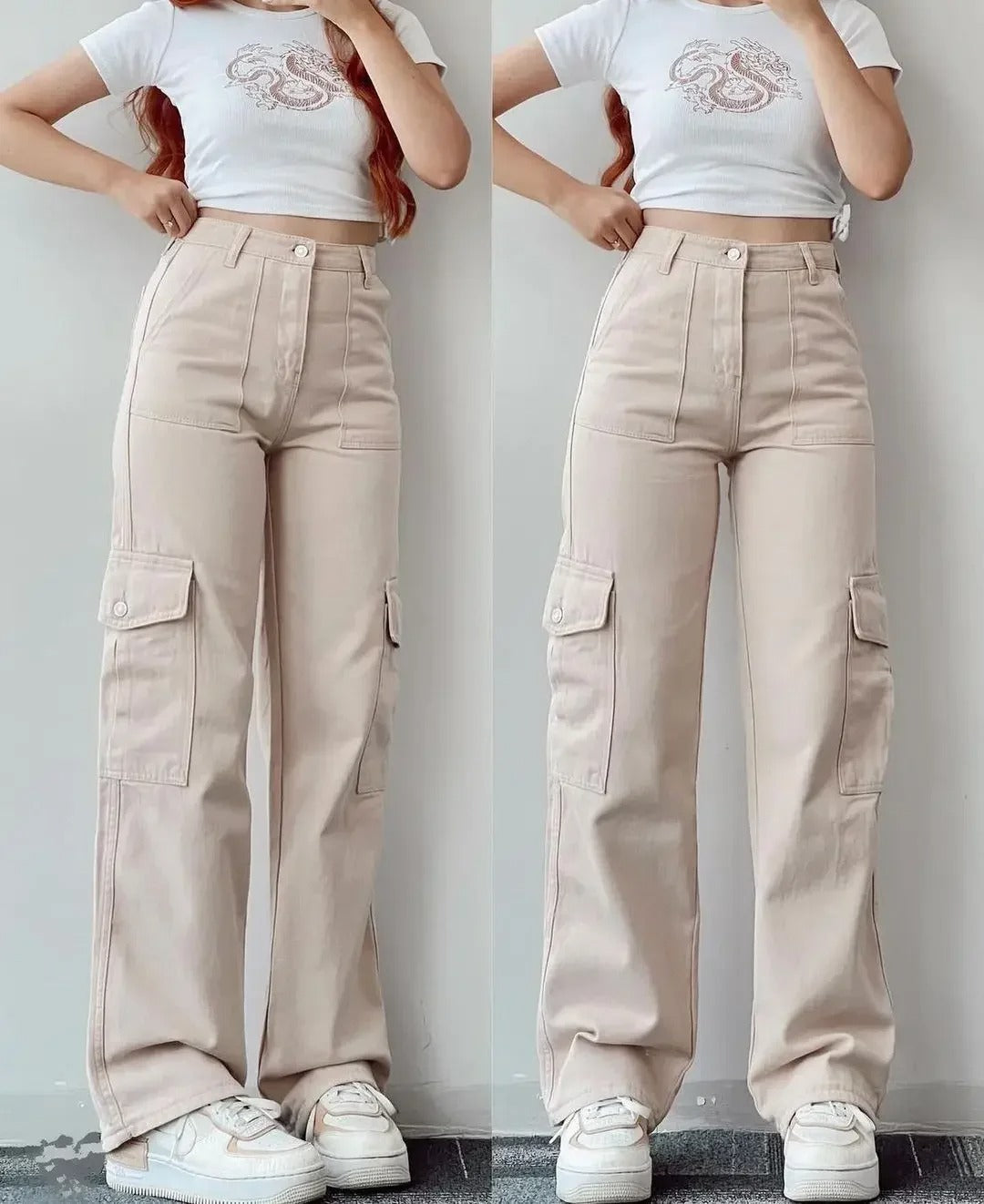 Trendy dame cargobukser, detalj av funksjonelle sidelommer, perfekt for streetwear og aktiv fritid.