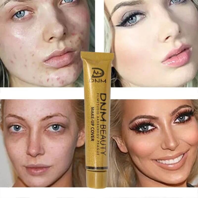 Nær opp av concealer på huden, gir feilfri dekkevne og jevn hudtone, kosmetikk.