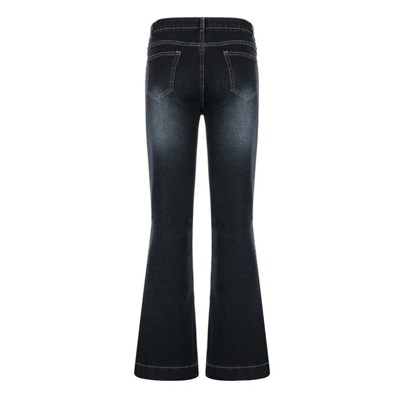 Stilige damebukser: retro flare-jeans med lav midje. Høy stretch for komfort og en trendy, utsvingt look.