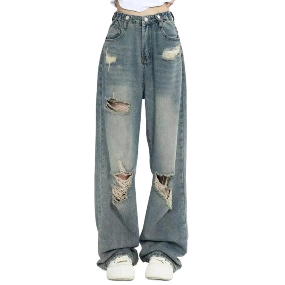 Kvinner høytaljede ripped jeans med vide ben, perfekt for retro- og gatestil. Komfortabel fritidsjeans.