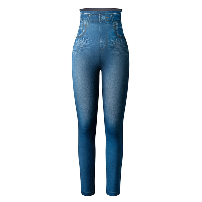 Svart jeans-leggings til dame, høy midje og trendy slank passform for en flatterende look.