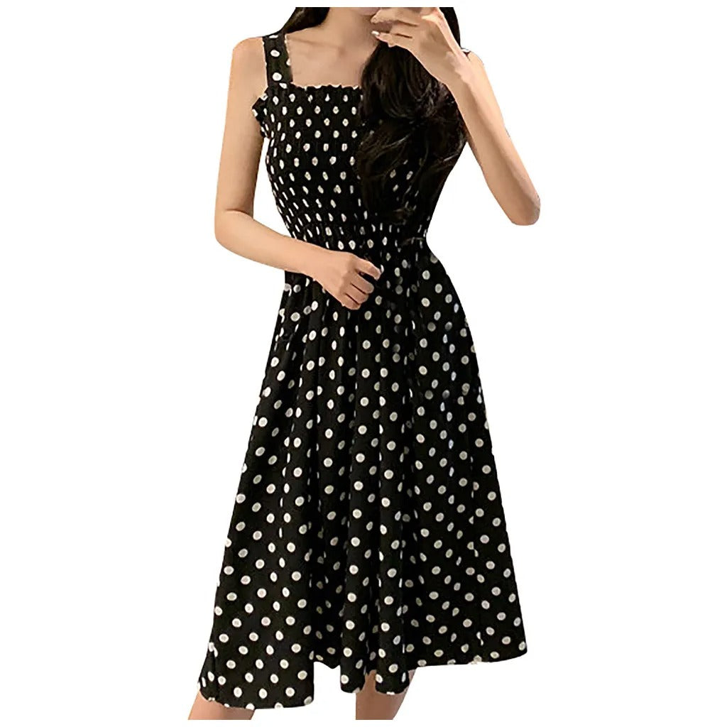 Kvinner polka dot ermeløs fritidskjole, komfortabel og stilig for sommerbruk.