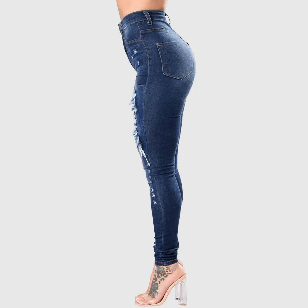 Dame jeans, rippede, høy midje, stretch, skinny passform. Trendy og allsidig casual stil.