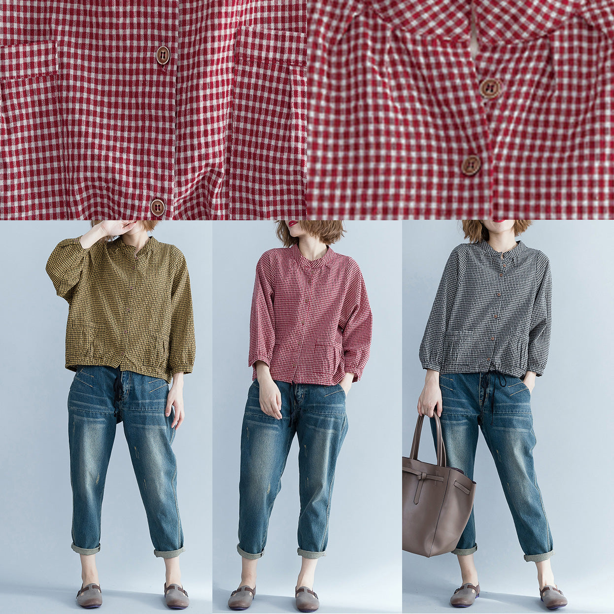 Trendy langermet rutet bluse for kvinner, en moteriktig favoritt for vår- og høstsesongen.