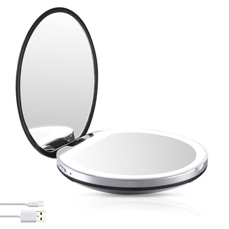 Nærbilde av et bærbart LED-speil med innebygd lys, perfekt for optimal ansiktsbelysning.