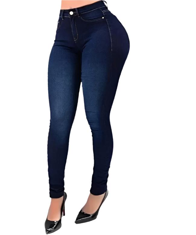 Kvinner shaping-jeans med høy midje i klassisk blå; fremhever figuren og gir god stretchkomfort.