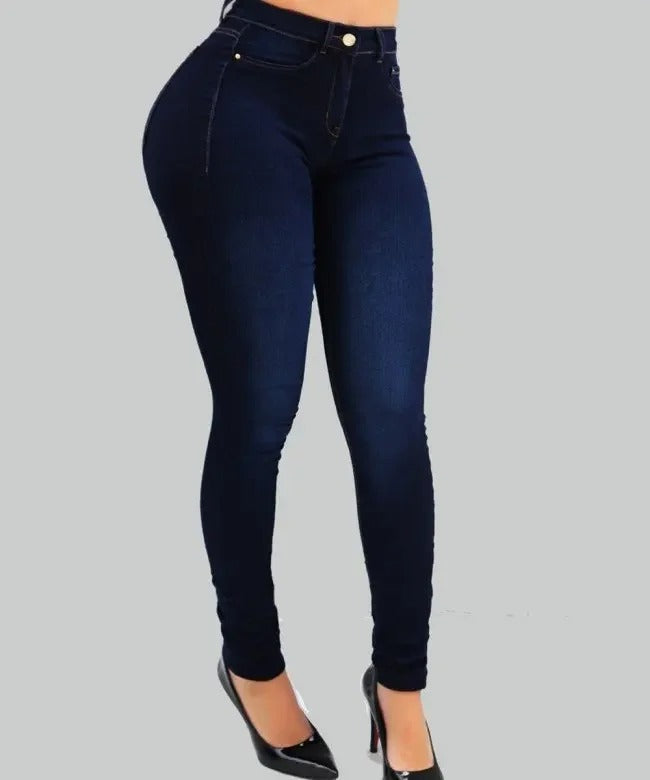 Komfortabel dame jeans, høy midje shaping passform i blå stretch; blyantbukser som fremhever silhuetten.