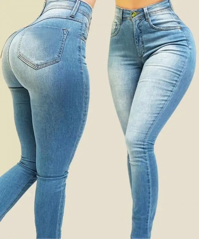 Stilige lyseblå shaping-jeans for kvinner, høy midje og stretch for en komfortabel og moderne look.
