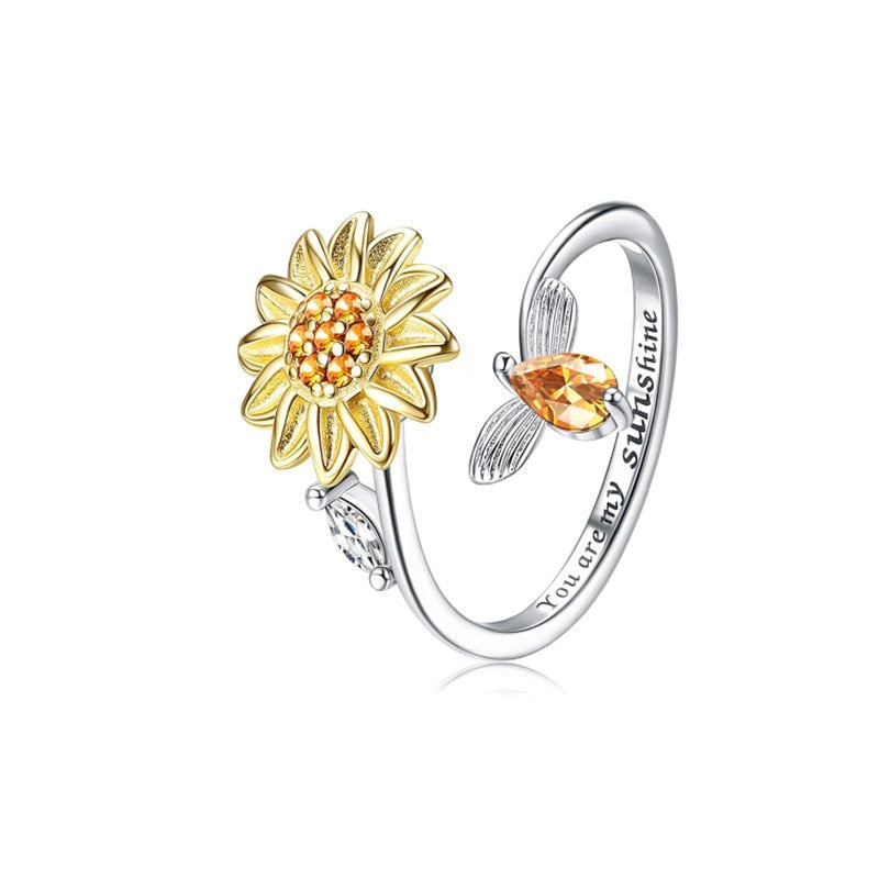 Kvinner solsikke angstring for stresslindring. Justerbar anti-stress fidget ring for fokus og mental helse.