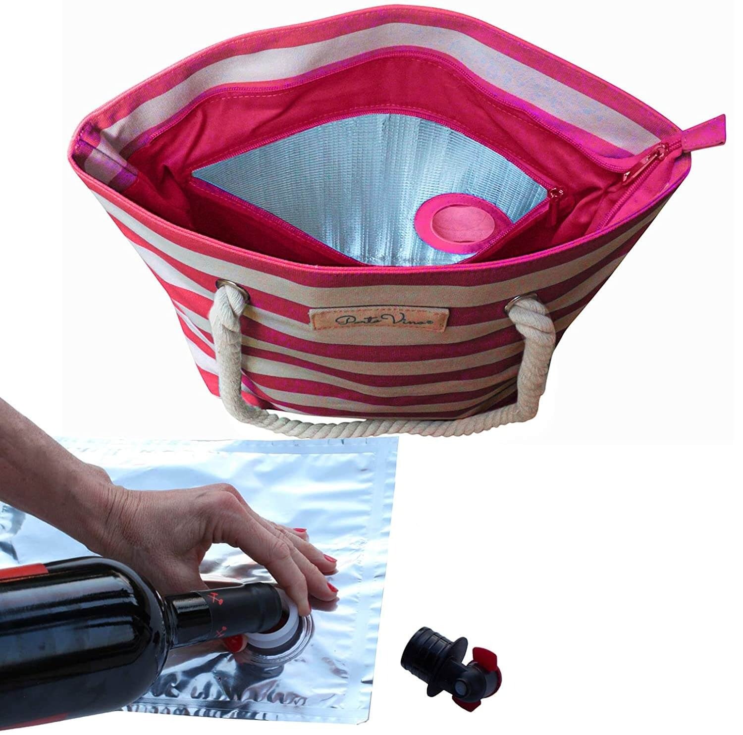 Funksjonell strandveske med integrert kjølebag for vin. Optimal for varme sommerdager og ferie.