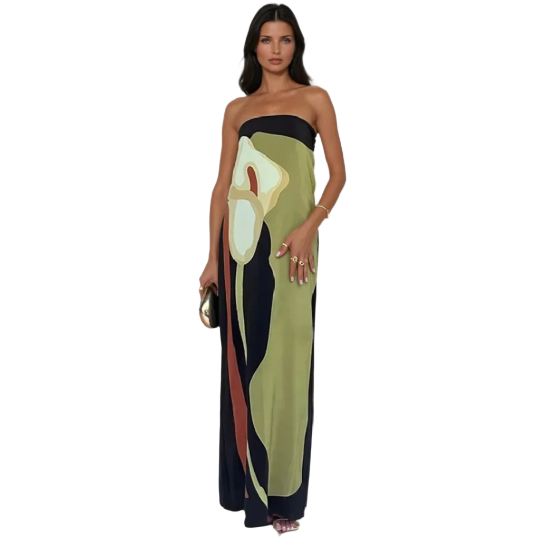 Kvinner strapless maxikjole med unikt kunstnerisk trykk, perfekt sommerkjole for strand eller fest.