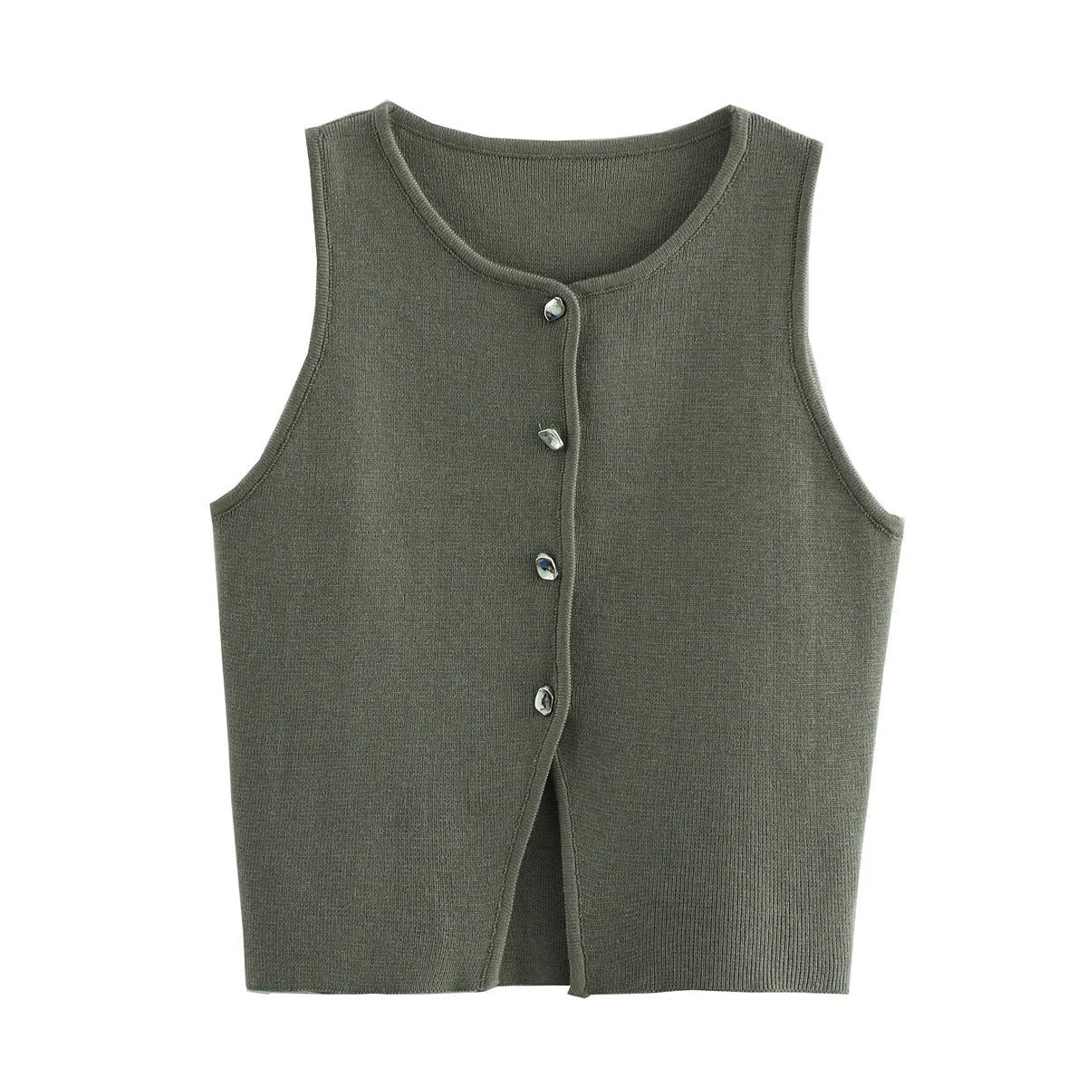 Ermeløs strikket crop topp til dame, elegant og komfortabel for vår- og sommermoter.