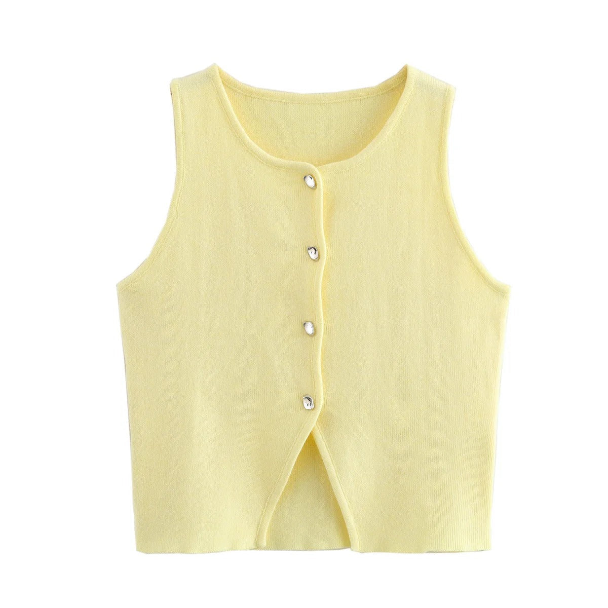 Kvinner strikket ermeløs crop topp med frontknapper, elegant for sommer og streetwear.