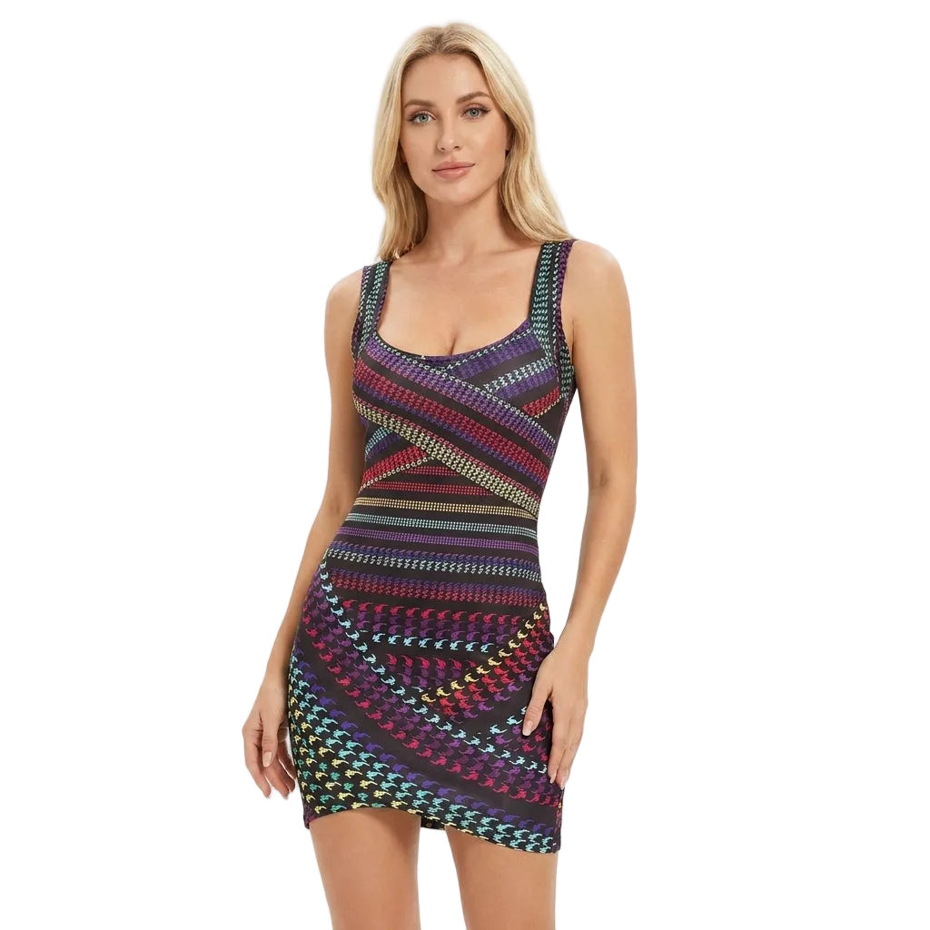 Kvinner stripet bodycon minikjole, perfekt festkjole for sommeren. Elegant og ermeløs med U-hals.