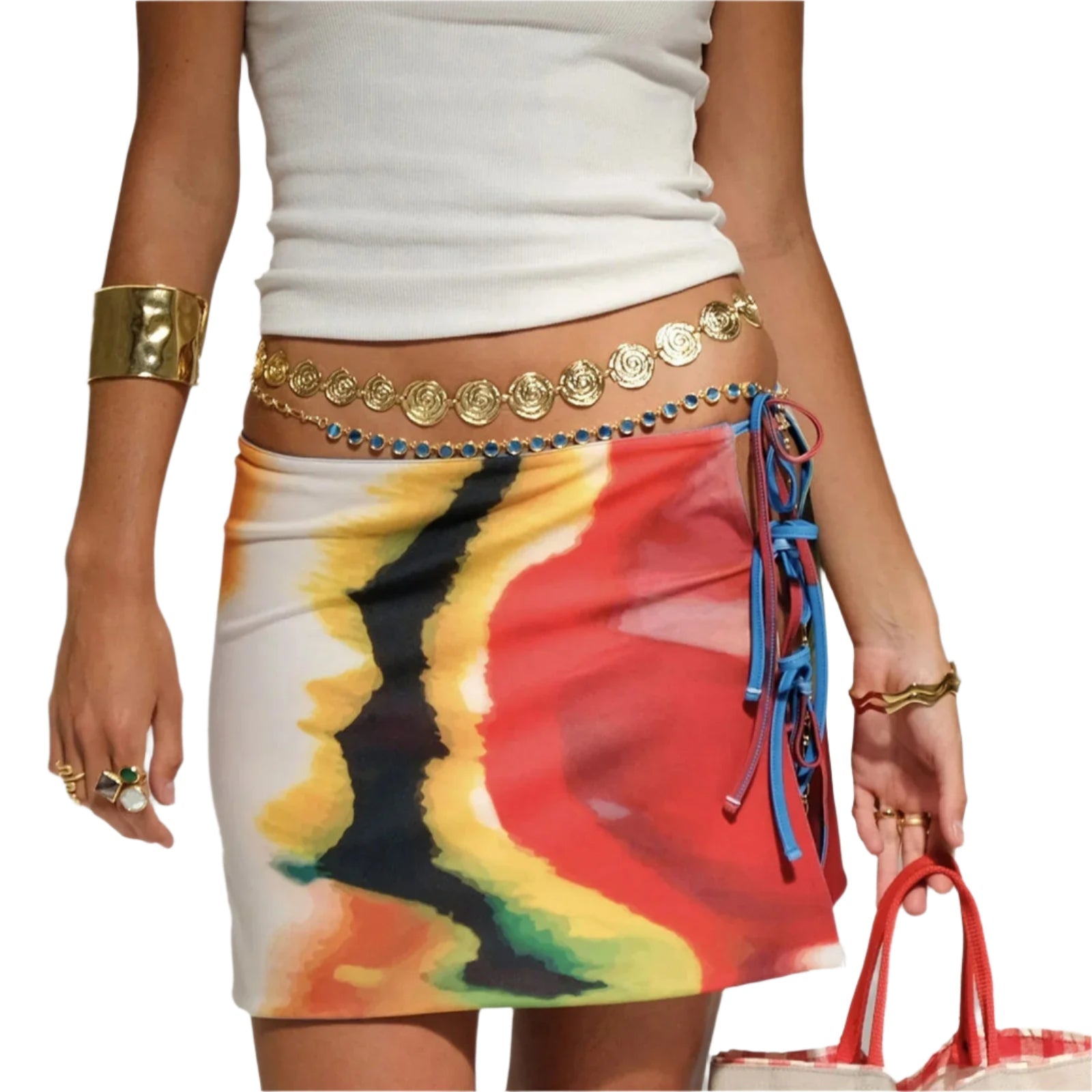 Sommerlig tie-dye bodycon miniskjørt for kvinner. Lav midje med dekorativ snøring detalj.