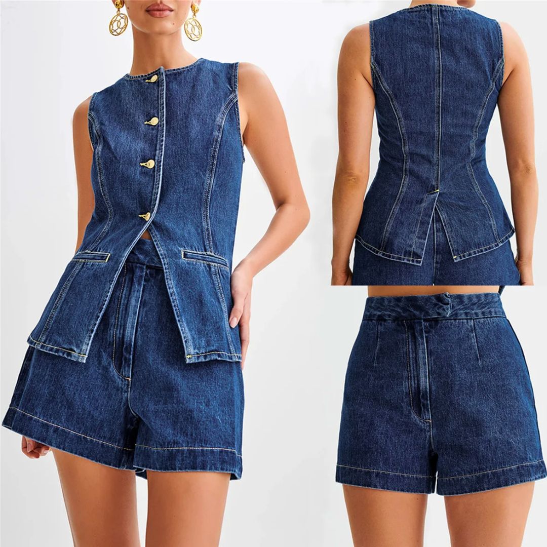 Elegant kvinner shorts sett med ermeløs topp og høy midje shorts, ideelt for festlige anledninger.