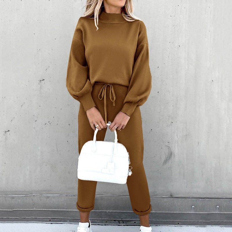 Trendy og mykt kvinners 2-delt sett med ballongermer og justerbar midje; ideelt for komfortabelt loungewear.