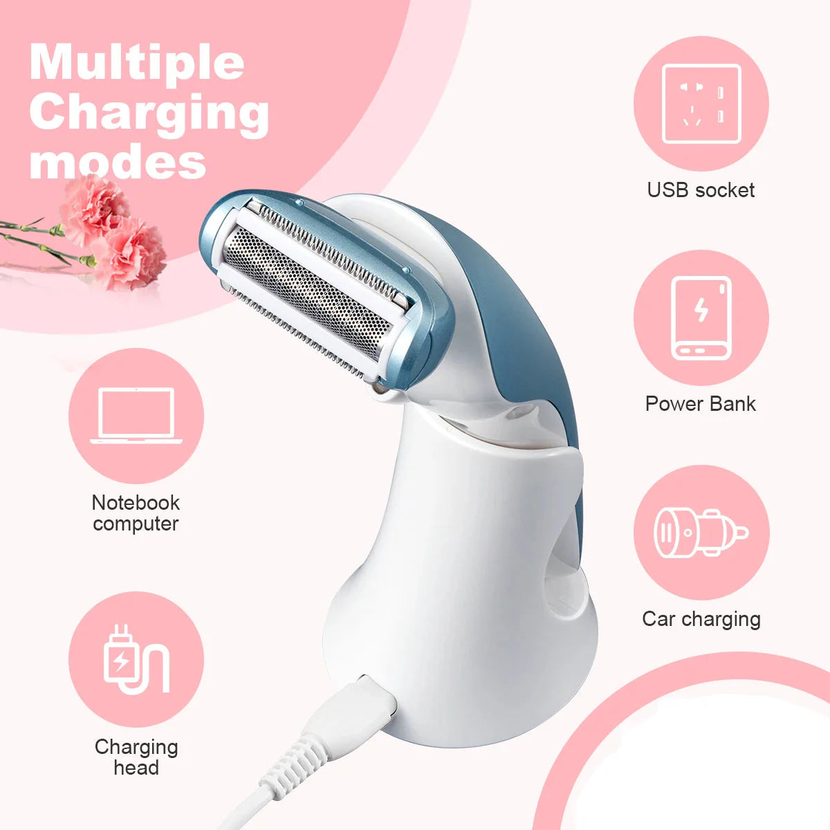 Ergonomisk 5-i-1 kvinners elektrisk trimmer. Ideell for presis hårfjerning på kropp, ansikt og bikinilinje.
