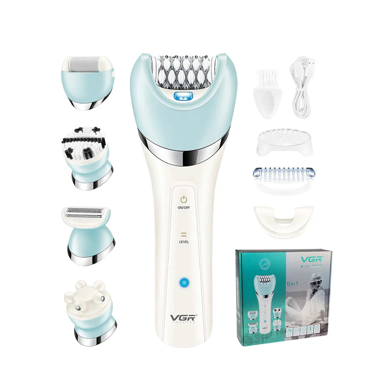 Kvinners 5-i-1 epilator for effektiv hårfjerning, oppladbar og vanntett, gir glatt hud.