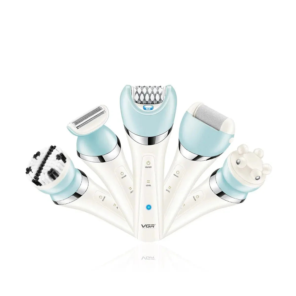Allsidig 5-i-1 hårfjerner med epilator, trimmer, massasje og ansiktsrengjøringsfunksjon for kvinners pleie.