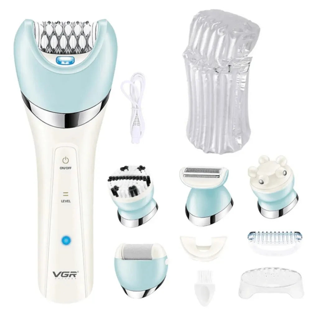 Slank og ergonomisk designet kvinners 5-i-1 epilator i hvitt, klar for allsidig personlig pleie.