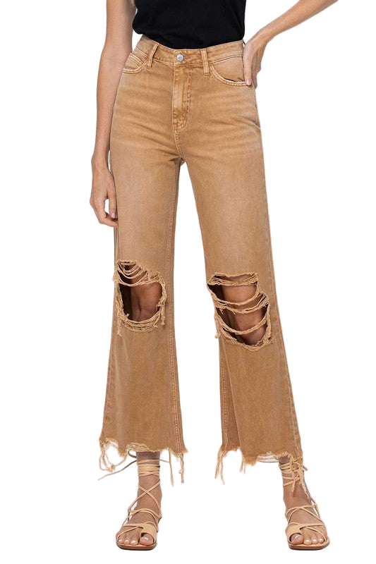 Kvinners 90-talls crop flare jeans i gull. Trendy damejeans med retro snitt, perfekt for casual eller fest.