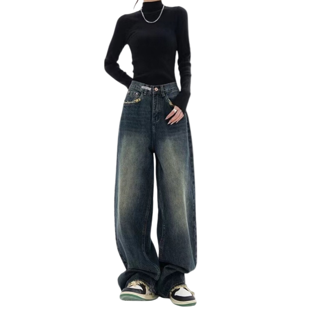 Kvinners baggy jeans med justerbar midje for komfortabel, avslappet stil.