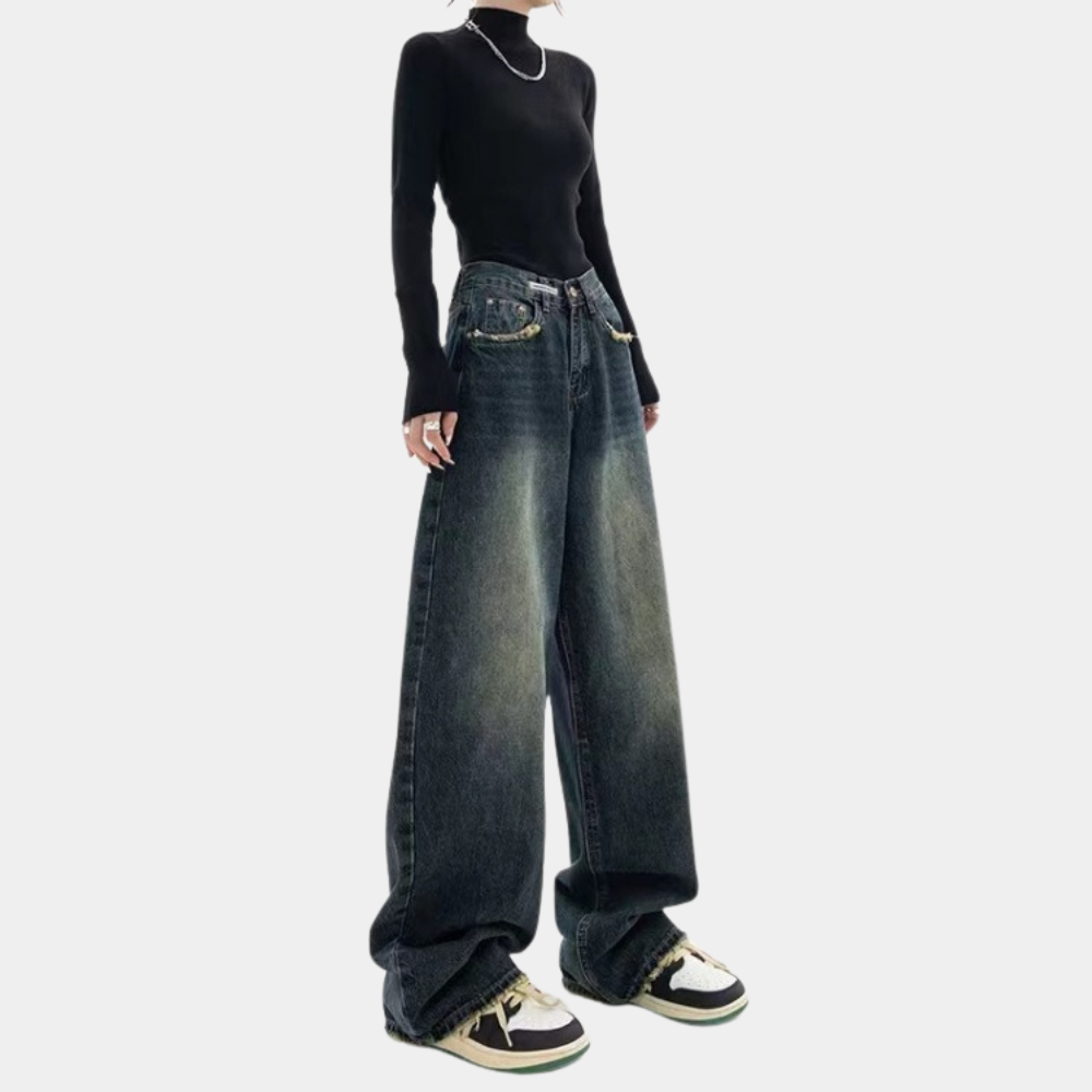 Vintage-inspirerte baggy kvinnejeans med justerbar midje for en kul og casual hverdagsstil.