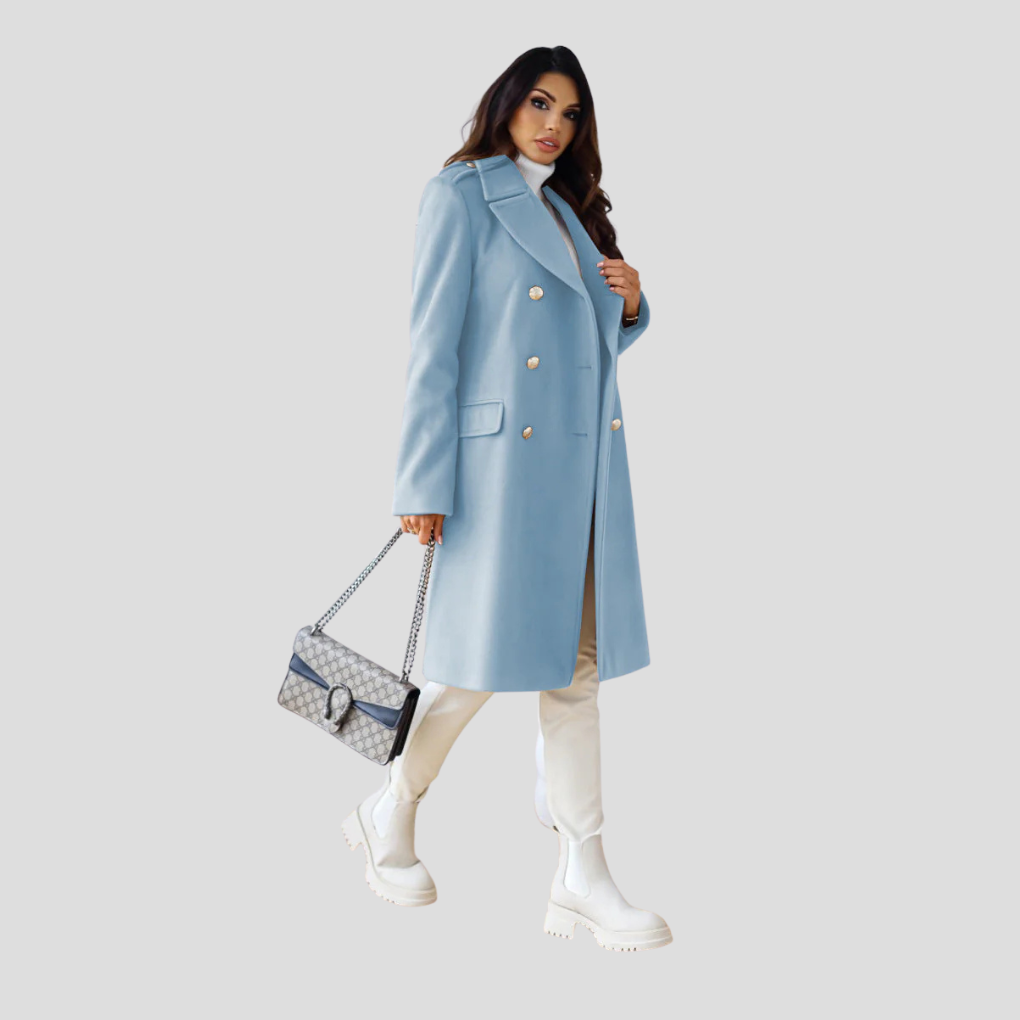 Beige dobbeltknappet frakk til dame, lang og elegant ullblanding, perfekt for vinteren.