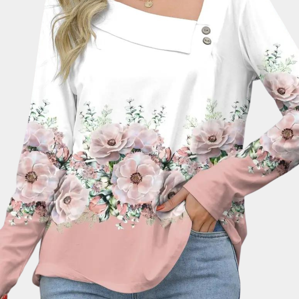 Behagelig kvinners vårbluse med vakkert blomsterprint, langermet og lett stoff for hverdagsbruk.