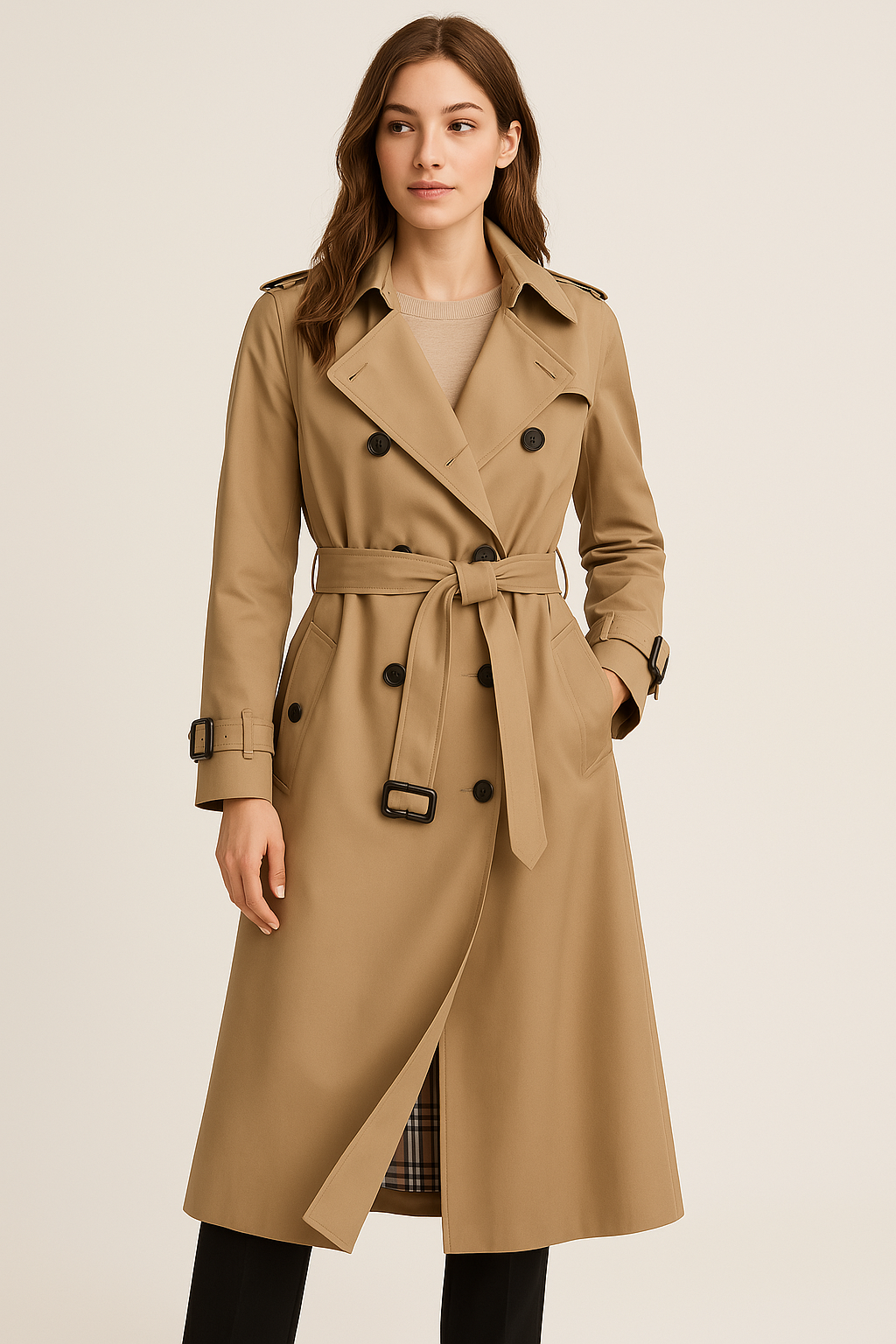 Stilig kvinners trenchcoat, ideell som vårjakke eller høstjakke. Tidløs, elegant og dobbelknappet ytterjakke.
